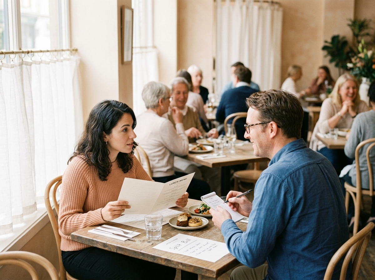 Restaurant Dining — Order, ask about ingredients, pay the bill.